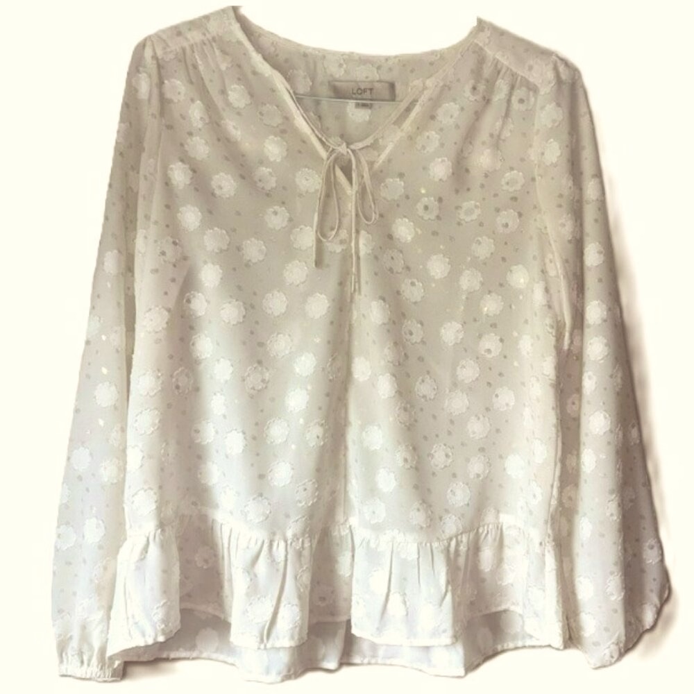 Loft Cream and Gold Boho-Chic Top with Appliqué, Size Small